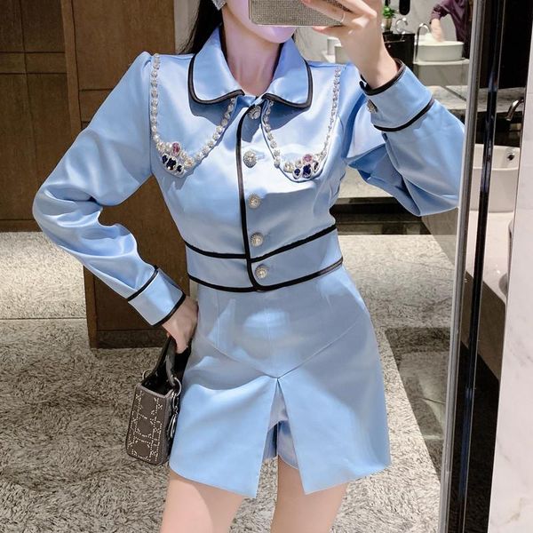

women's tracksuits fall winter sets long sleeves diamonds beading spliced short coat skirt casual two piece set, Gray