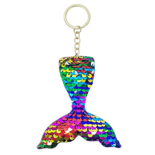 

keychains multi color flip face sequins mermaid tail fish shape key ring pendant girls car chain small gifts, Silver