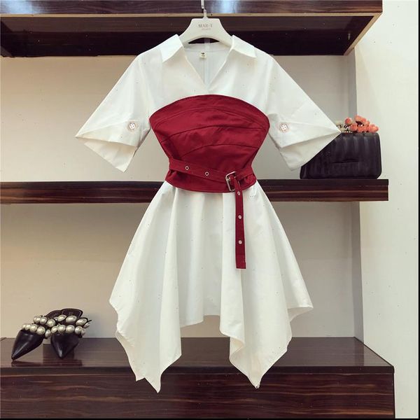 

summer dress set v neck women tracksuits irregular white shirt red belt asymmetry girdle two piece a054, Gray