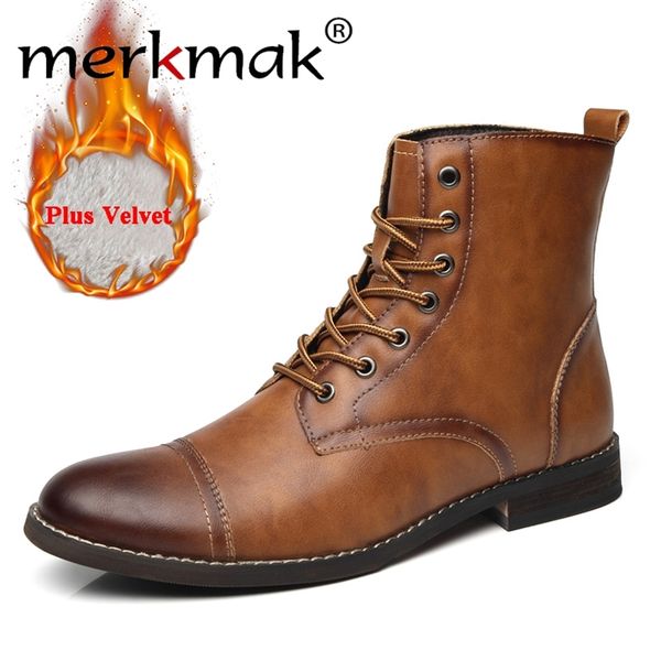 Merkmak Homens Botas de Moda Britsh Vintage Sapatos de Couro Outono Design Plus Azul 210820