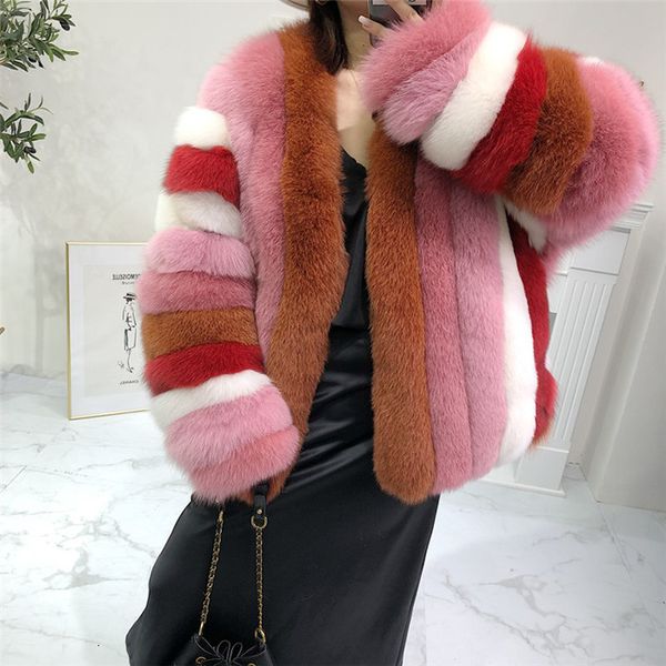 

women's trench coats winter real fox fur women fashion striped natural genuine female jacket 80ao, Tan;black