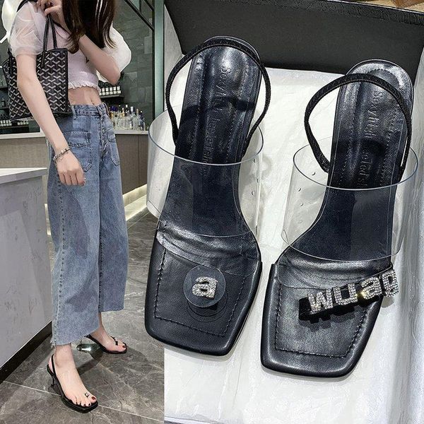 

summer transparent clip toe rhinestone letters high heel sandals word fairy women shoes z817, Black