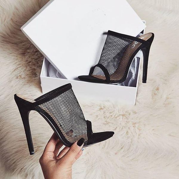 

slippers 2021 summer open toe sandals women mule slides mesh hole cut out hollow stilettos high heels casual clubwear shoes black