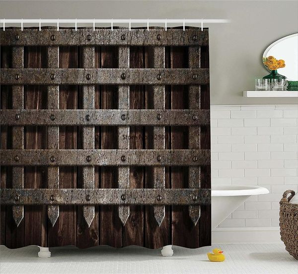 

shower curtains medieval wooden castle wall metal gate greek mid-century design , polyester fabric bathroom curtain set washable