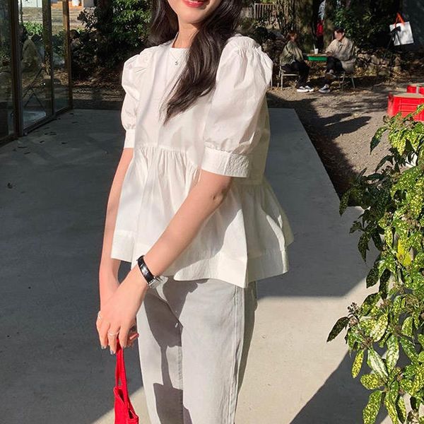 

women's blouses & shirts korean summer sweet women 2021 loose round collar bubble short sleeve shirt stitching cute white blouse
