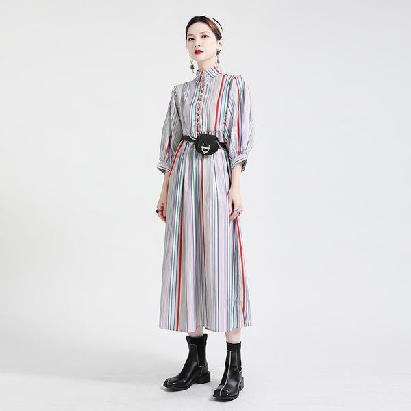 

casual dresses japanese retro color-blocking rainbow striped puff sleeve dress mature fashion maxi, Black;gray