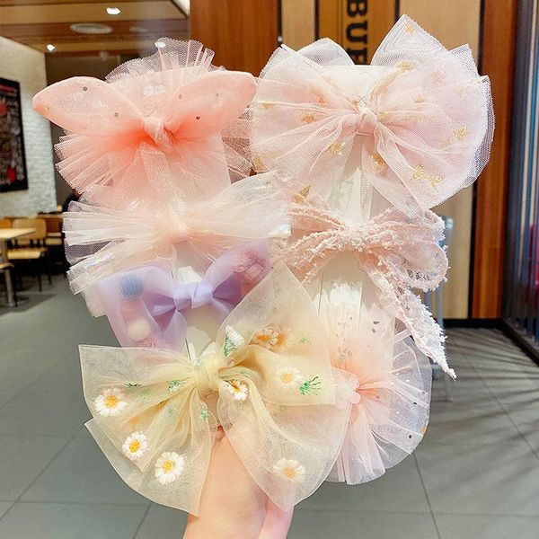 

children's net yarn bow hairpin cute girl princess sweet headdress does not hurt the hair side clip duckbill accessories, Slivery;white