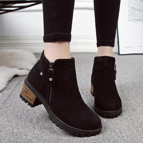 

boots plus size flock ankle women shoes woman fashion zipper round toe low heels short winter botas mujer, Black