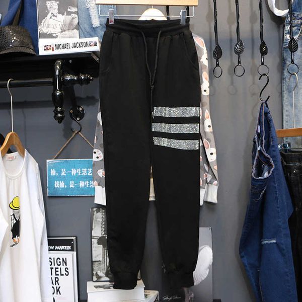 

motion pants women spring autumn korean version loose drilling harem pants elastic waist casual ladies' trousers 211006, Black;white