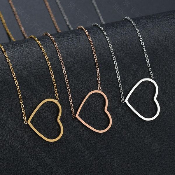 

pendant necklaces hollow heart choker stainless steel for women clavicle colar statement necklace collares gift, Silver