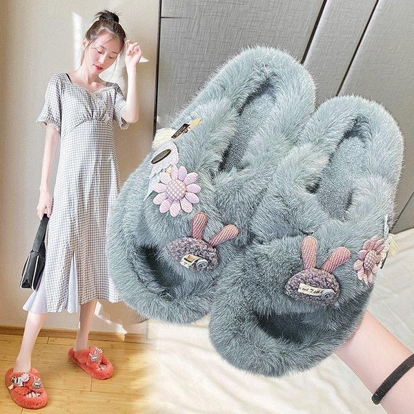 

slippers comfortable plush fashion warm home cotton shoes women cute cartoon autumn and winter set of toe fur, Black