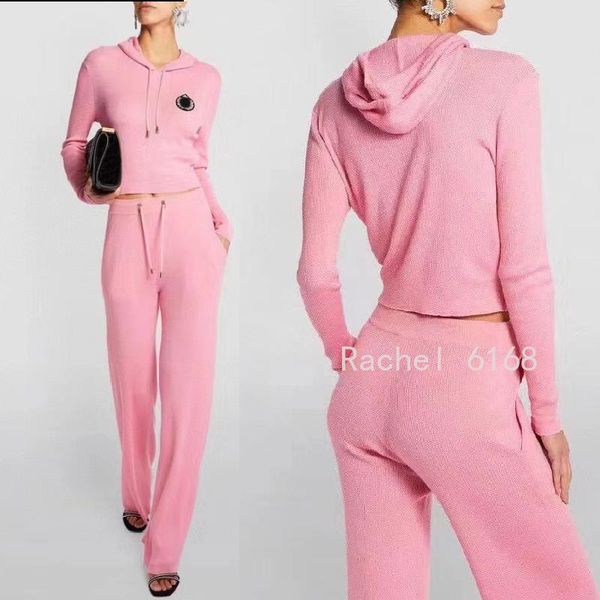 

women's two piece pants luxury design 2021autumn diamond inlaid badge long sleeve hooded knitted sweater + high waist and wide leg set, White