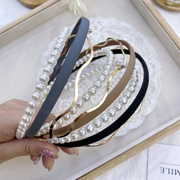 

hair accessories fashiona women candy solid color frosted headband combination set pearl wave alloy thin girl band