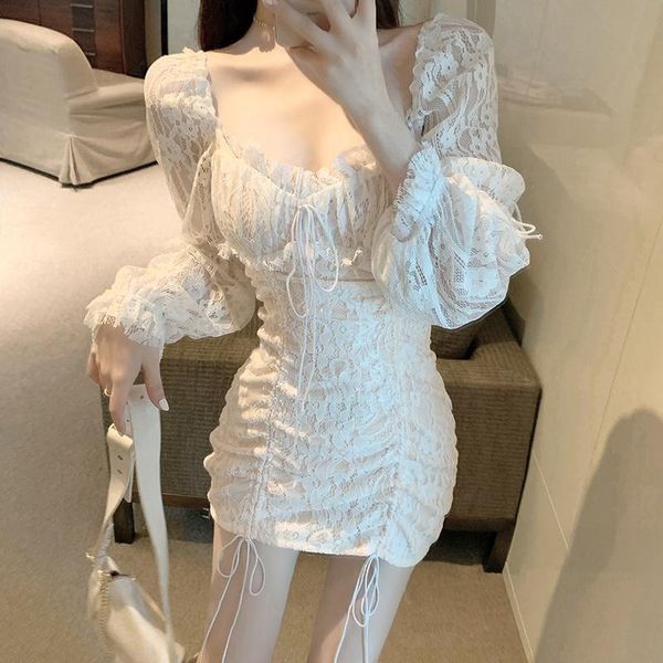 

casual dresses vintage lacing up ruched package hips lace short dress white women strappy draped hem long sleeve mesh mini, Black;gray