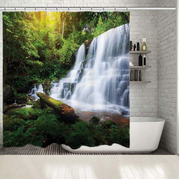 

shower curtains curtain mun daeng waterfall in deep forest horse phu hin rong kla national park thailand view printed green white