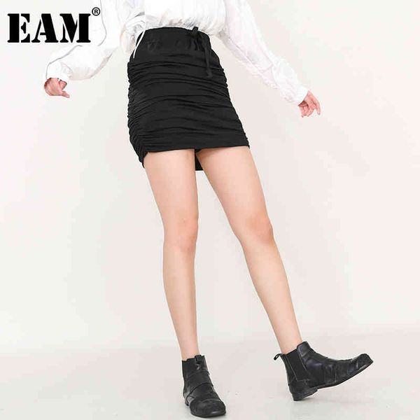 

[eam] high elastic waist white brief pleated split joint half-body skirt women fashion spring summer 1w04301 210512, Black