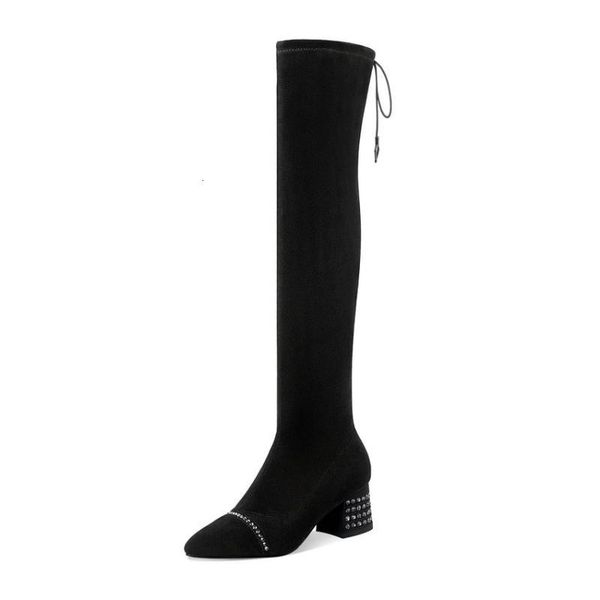 

esveva 2021 zipper square high heel flock+pu crystal over the knee platform pointed toe women boots shoes size 34-41 zgna, Black