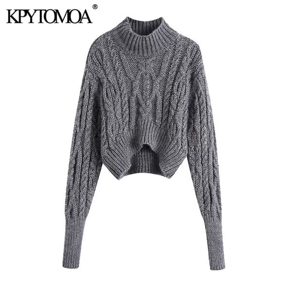 

women fashion asymmetric cropped cable-knit sweater vintage high neck lantern sleeve female pullovers chic 210416, White;black