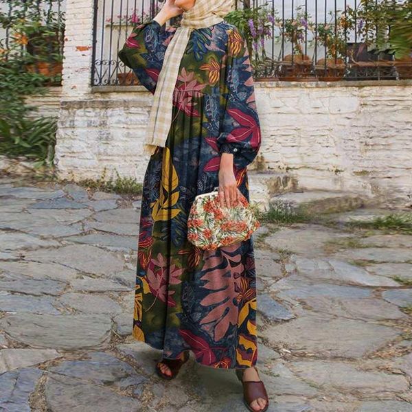 

casual dresses loose sundress muslim robe zanzea holiday party women vintage printed abaya turkey hijab dress spring long sleeve kaftan vest, Black;gray