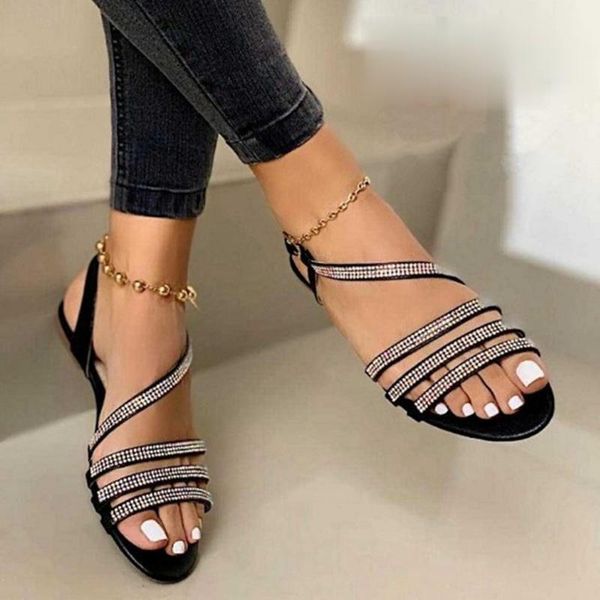 

sandals 2021 women's shoes fashion solid color all-match comfortable casual flat hollow rhinestone beach, Black