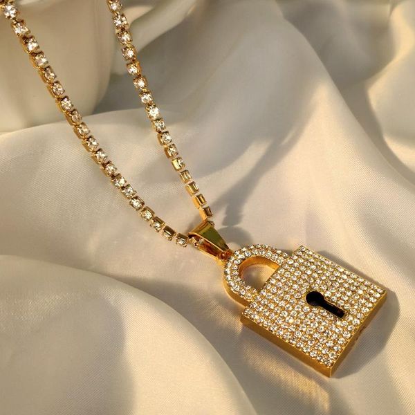

chains gold silver color thick lock rhinestone pendant necklace for women bling crystal chain on neck punk fashion jewelry