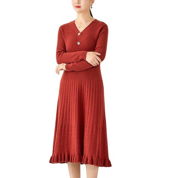 

casual dresses 2021 autumn winter 100% sheep wool knitting women quality v-neck slim vintage button decoration dress, Black;gray