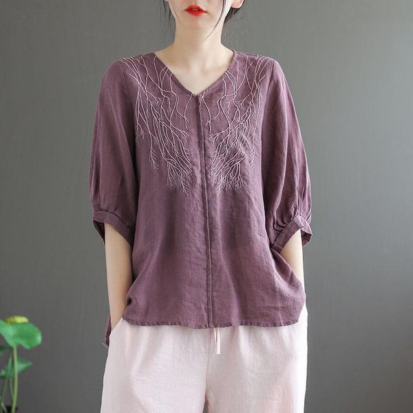 

women's blouses & shirts summer short sleeve embroidery blouse women plus size cotton linen shirt v neck loose vintage clothes ladies, White