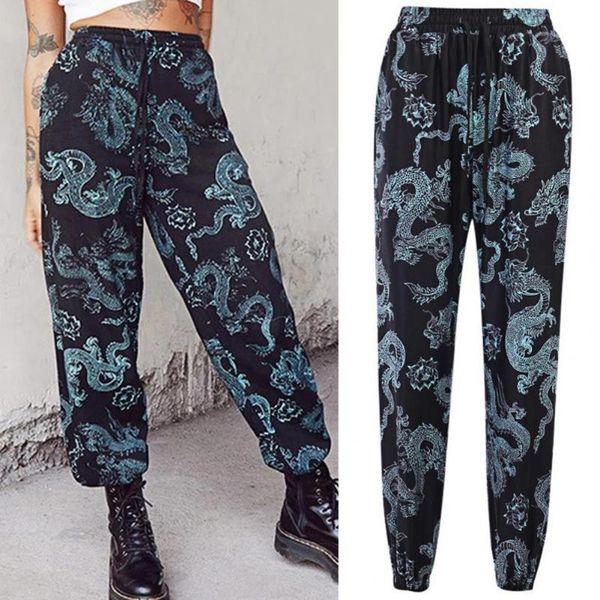 

women's pants & capris s women dragon print high waist drawstring wide leg loose long streetwear for sports, Black;white