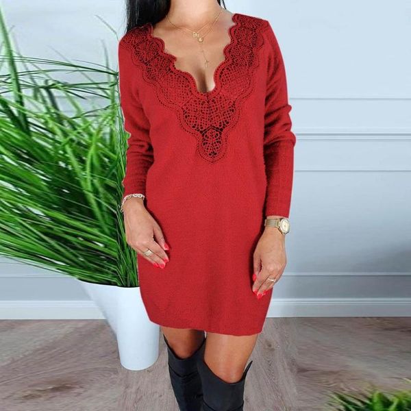 

casual dresses autumn winter long sweater dress women hollow out v-neck knitted loose warm pullover female lady elegant dresses#j31, Black;gray