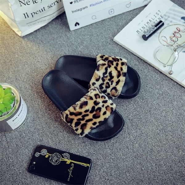 

new women slippers fashion fluffy faux fur plush slippers women spring autumn slides flip flops flat shoes y1120, Black