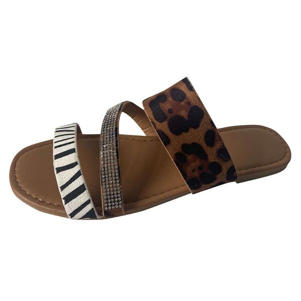 

sagace summer women sandals flat bottom non-slip personality fashion leopard rhinestone female beach slippers, Black