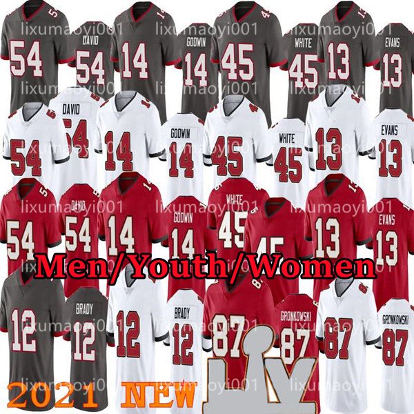 

men 14 chris godwin women youth football 12 tom brady 87 rob gronkowski 45 devin white 13 mike evans red gray stitched jerseys, Black;red