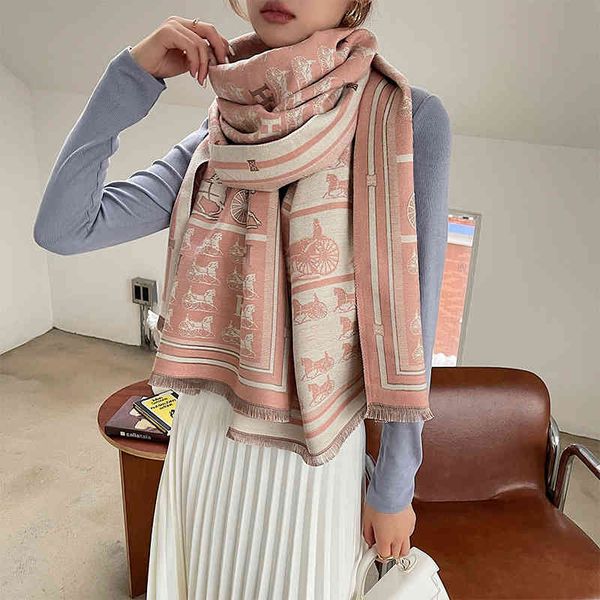 

design new color matching double-sided warm and thickened imitation cashmere scarf women's office air conditioning shawl bib, Blue;gray