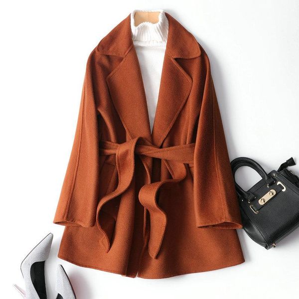 

women's wool & blends double-faced cashmere winter coat women caramel belts windbreaker turn-down jacket female autumn korean outerwear, Black