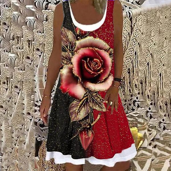 

casual dresses plus size women fashion loose sleeveless floral print round neck splice summer dress, Black;gray