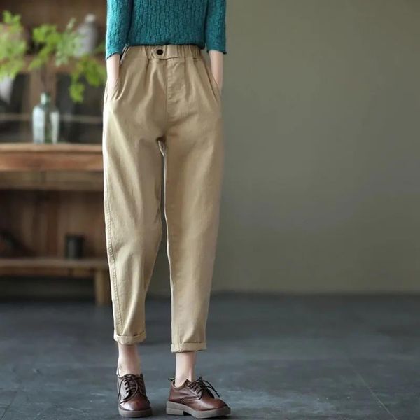

women's pants & capris autumn and winter retro solid color plus size trousers loose thin harlan cropped, Black;white