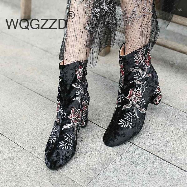 

boots bottes femme oriental design shoes women's ankle boots round toe gorgeous embroidery flowers stretch zapaots mujer1 fj2j, Black