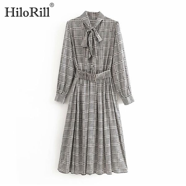 

women houndstooth plaid dress with belt bow tie collar ladies long party es sleeve vintage elegant 210508, Black;gray