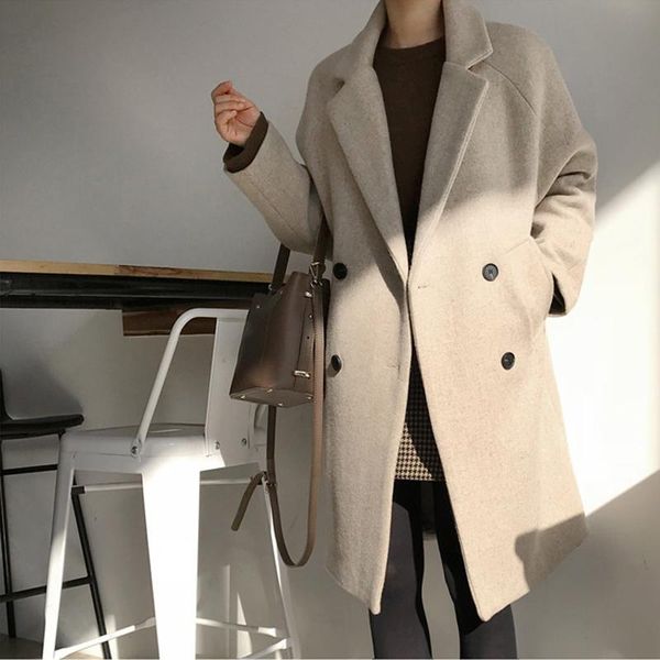 

women's wool & blends 2021 fall and winter fashion long coat women feminino girl femme clothes jacket black