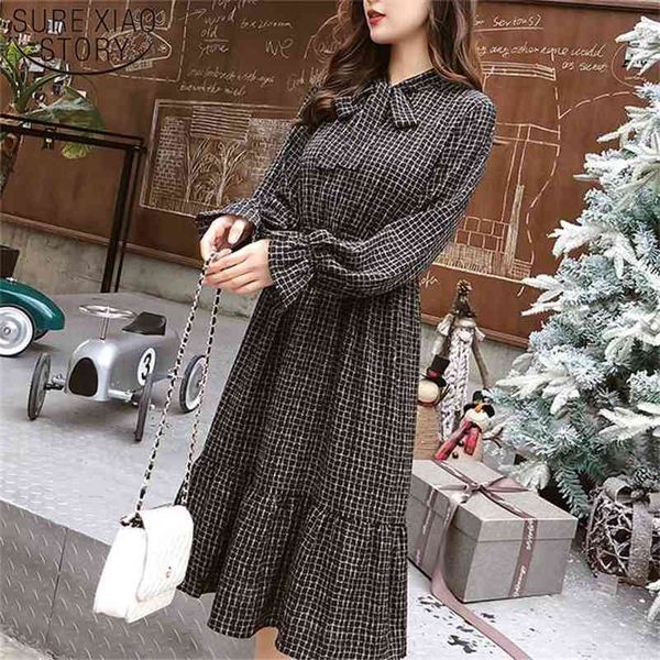 

vintage full sleeve elastic waist female chiffon dress elegant ruffles collar women spring vestidos femme 8570 50 210506, Black;gray
