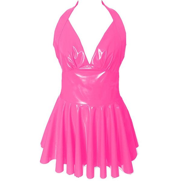 

plus size dresses women backless v-neck mini dress pvc leather summer party clubwear exotic costumes fetish a-line, Black