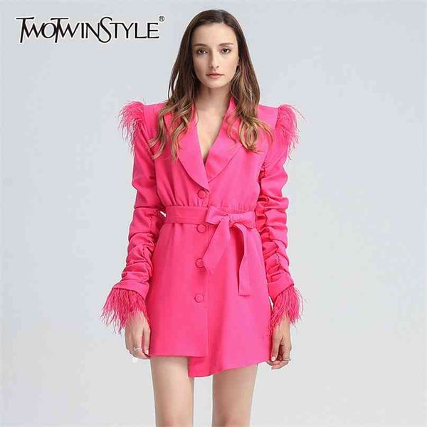 

designer feather dress for women notched long sleeve high waist lace up street dresses female autumn 210520, Black;gray