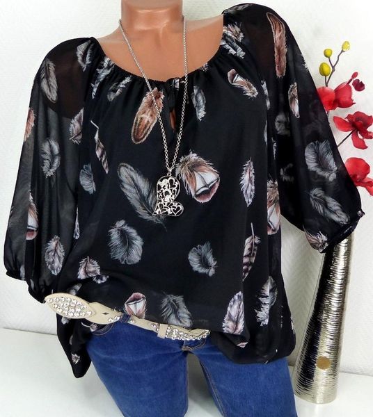 

fashion women shirt blouses summer blouse loose feather print v neck half sleeve shirts blusas 5xl plus size women's &, White