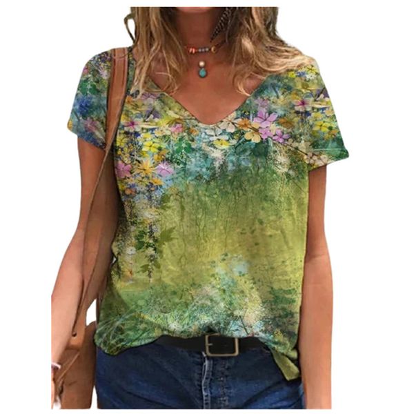 

plus size summer t shirt women new casual v-neck short sleeve loose oversized streetwear ladies floral print tee shirt 210412, White