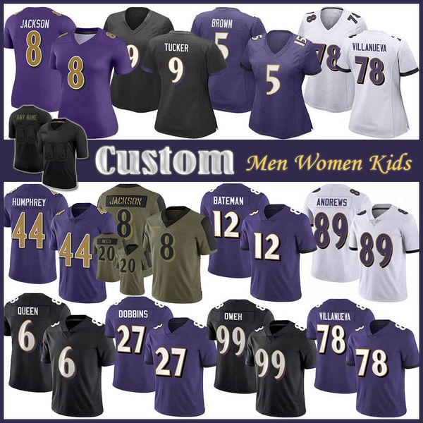 

8 lamar jackson 9 justin tucker custom men women kids football jersey 89 mark andrews 12 rashod batema 99 odafe oweh patrick queen marquise, Black;red