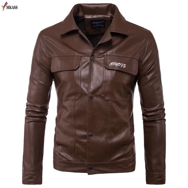 

men's fur & faux classic stand collar brown motorcycle leather jacket slim pu coat male moto outwear 5xl, Black