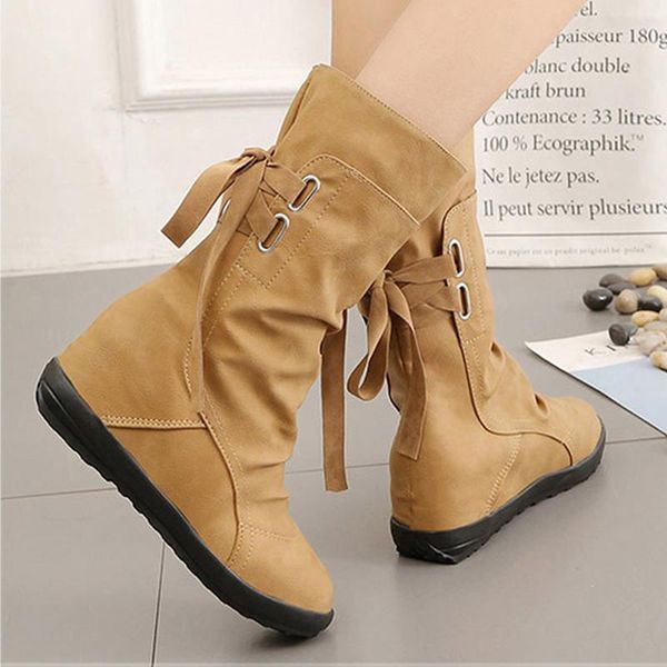

women winter boot lace-up mid-calf solid wedges height increasing shoes woman lady casual leather fashion botas mujer boots, Black