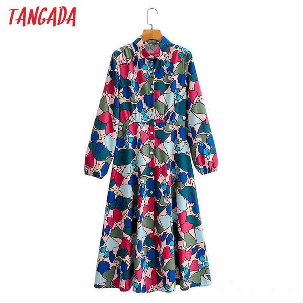 

tangada autumn fashion women flowers print shirt dress long sleeve office ladies midi dress with slash 2f157 210609, Black;gray