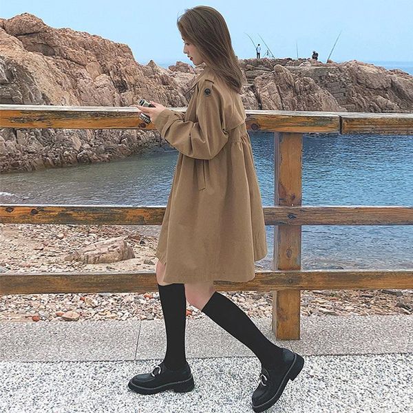 

women's trench coats khaki windbreaker jacket spring and autumn 2021 french korean version loose short medium long clothes, Tan;black