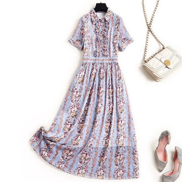 

female fashion designers will see short turn down collar floral print dress midi chiffon dresses, Black;gray